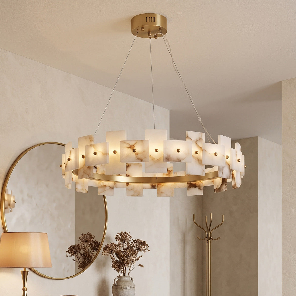 Aethelis Staggered Alabaster Chandelier, shade and diffuser detail