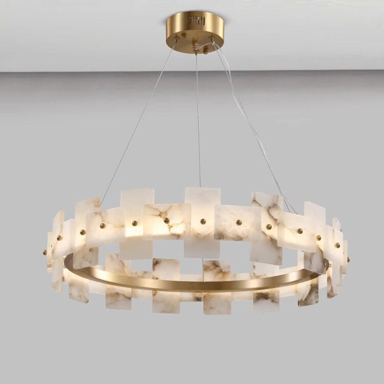 Aethelis Staggered Alabaster Chandelier, third lit in a styled room