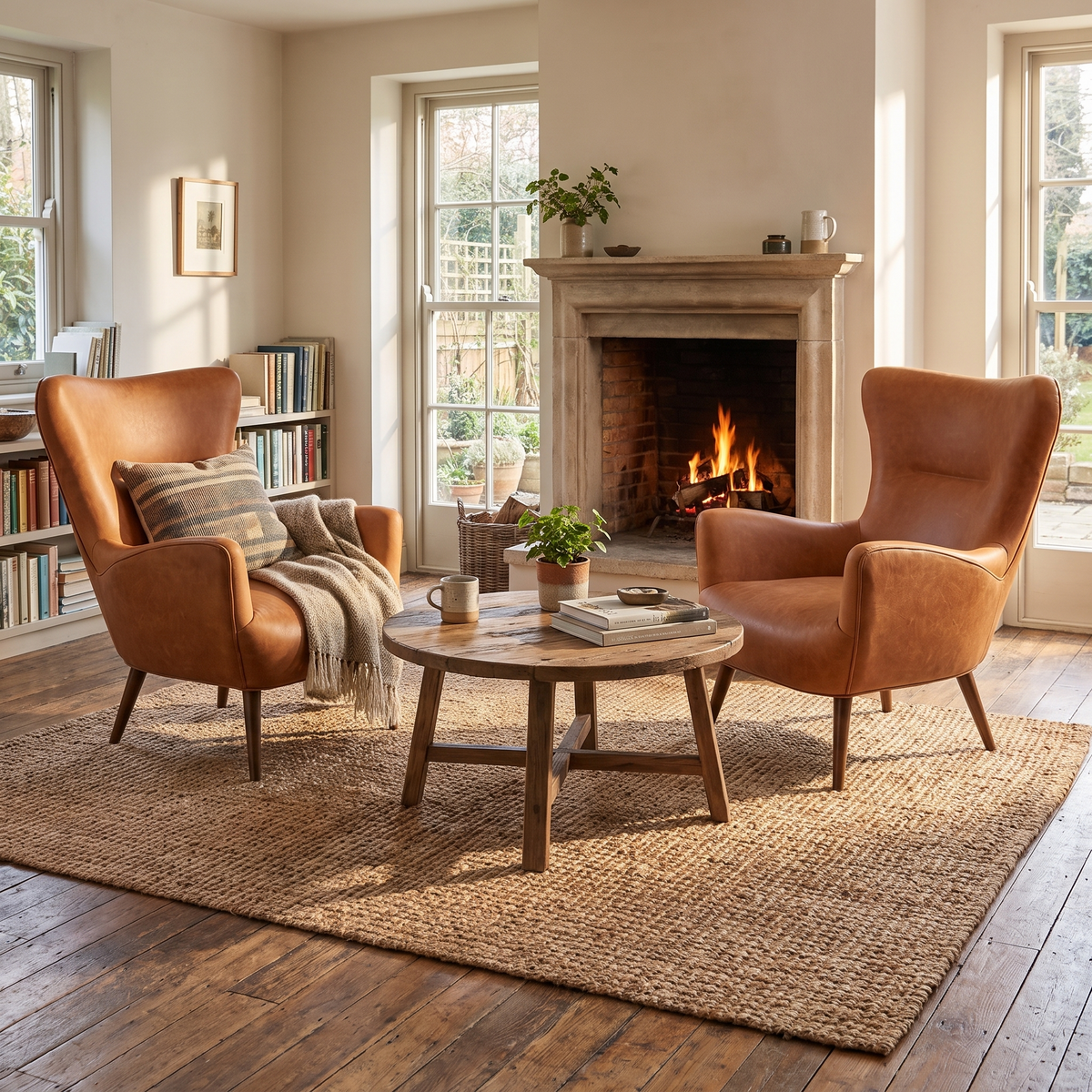 Aida Leather Lounge Chair, Cognac Tan, Set of 2, third styled room view