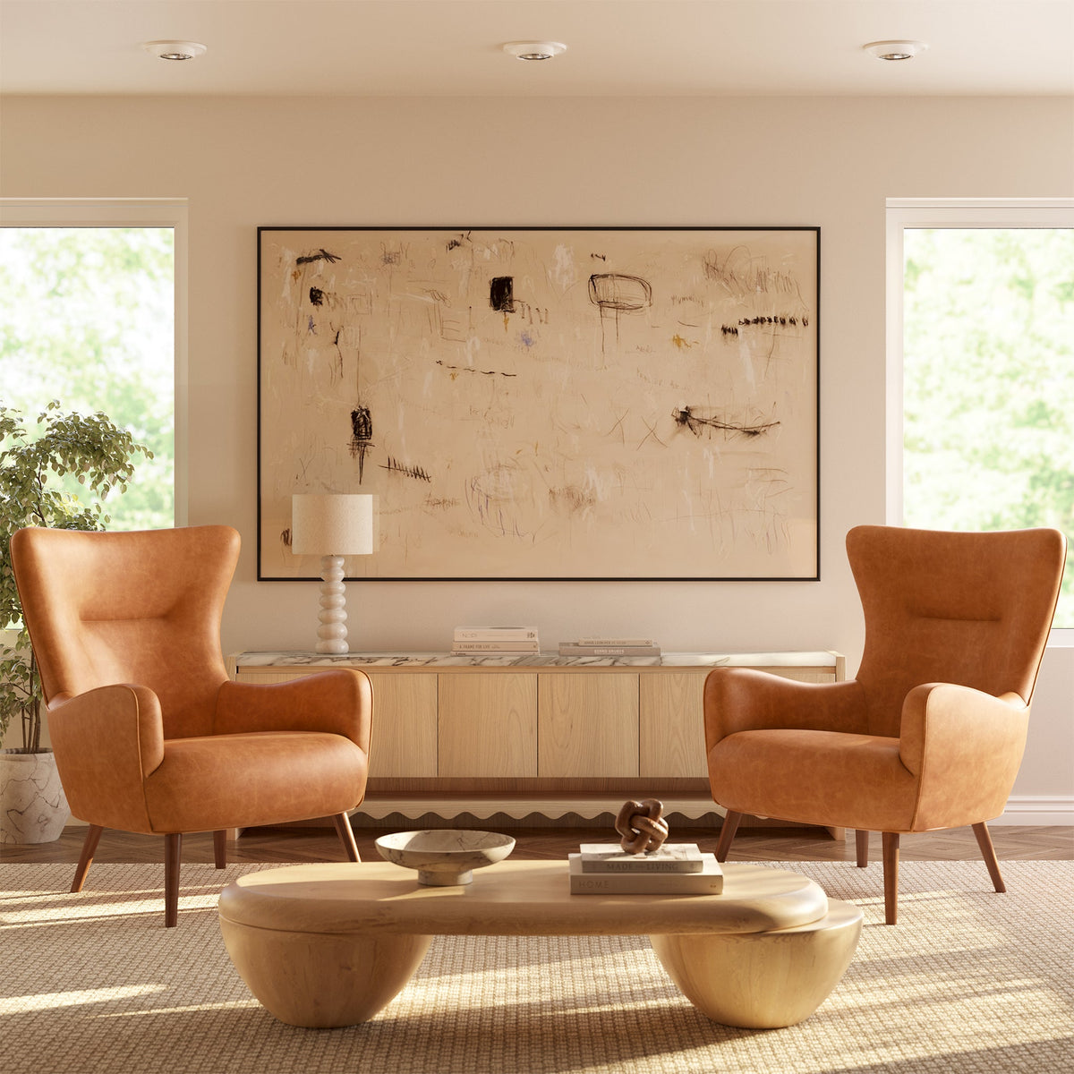 Aida Leather Lounge Chair, Cognac Tan, Set of 2, second styled room view