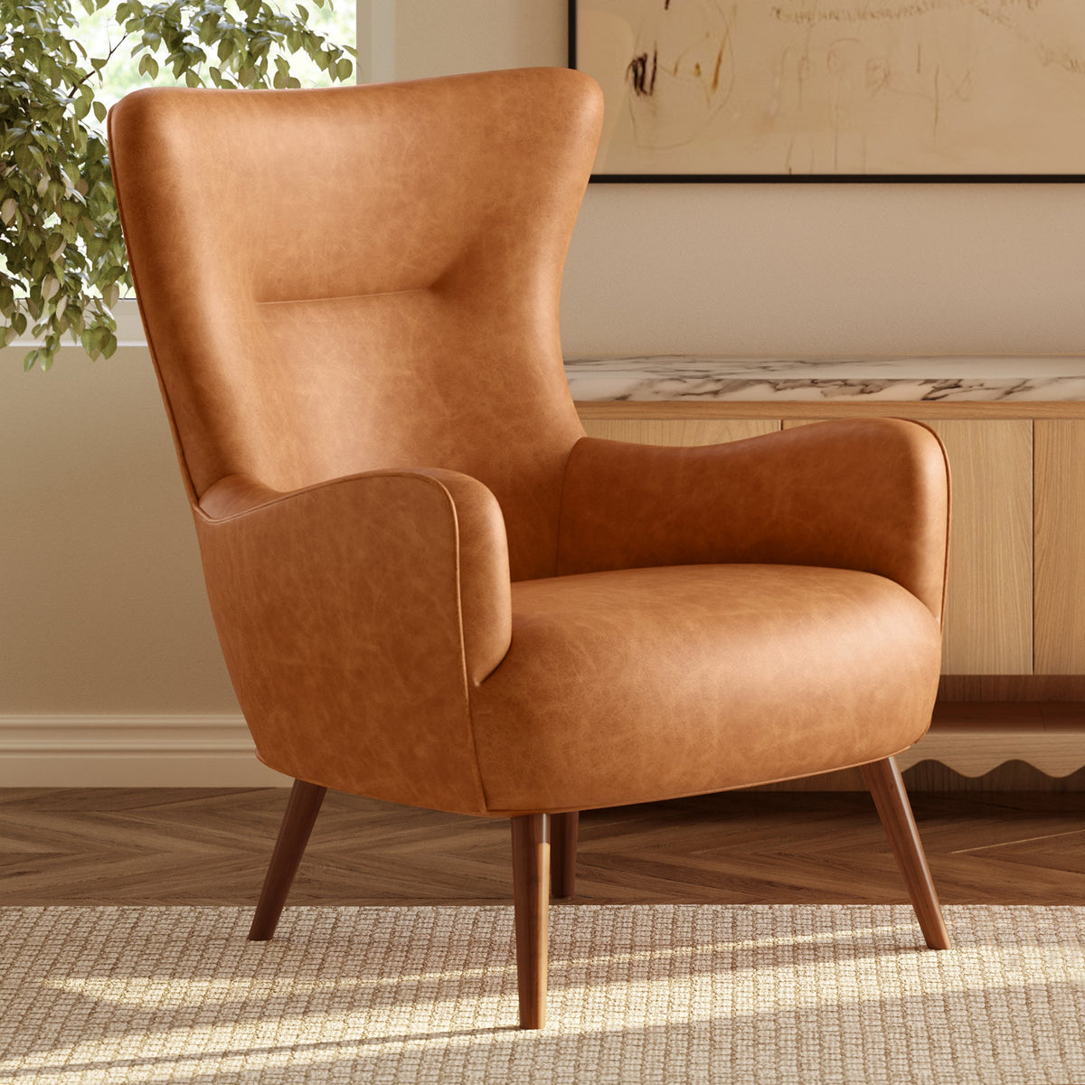 Aida Leather Lounge Chair, Cognac Tan, Single, second styled room view