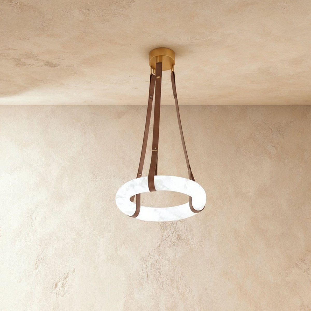 Aktis Alabaster Pendant Light, shown in scale within a hallway