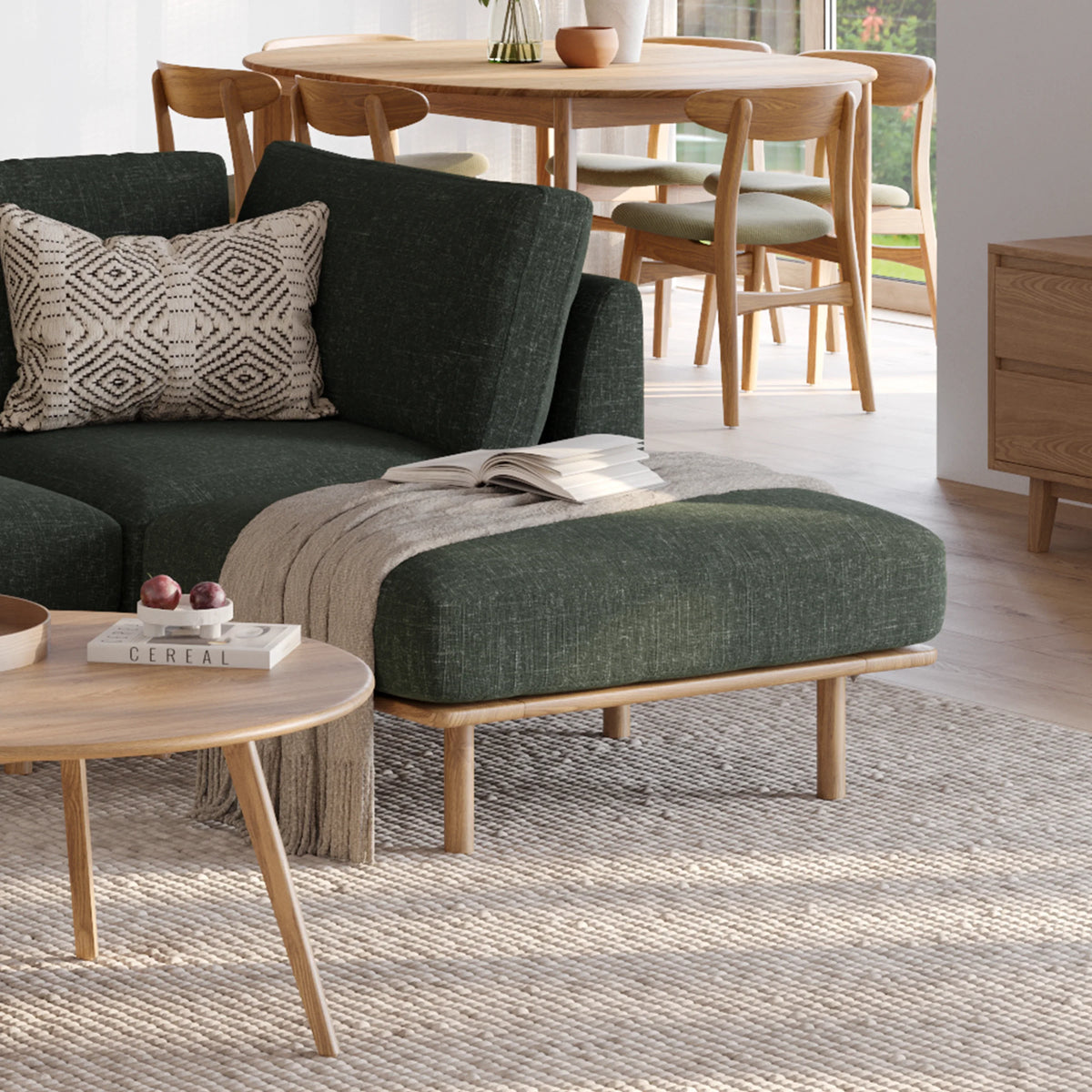 Anika Modular 2-Seater Chaise, Olive Green, styled in a real room