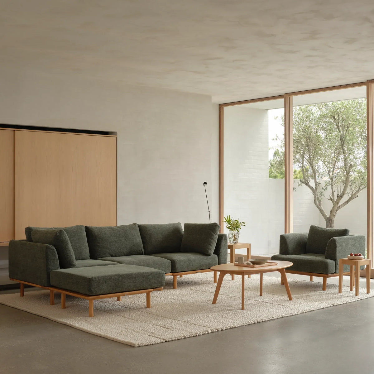 Anika Modular 2-Seater Chaise, Olive Green, full arrangement view
