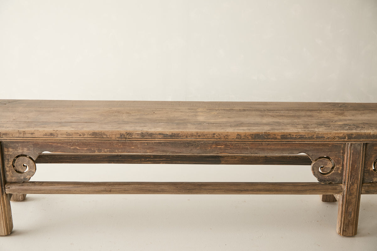 Antique Solid Elm Bench, side profile