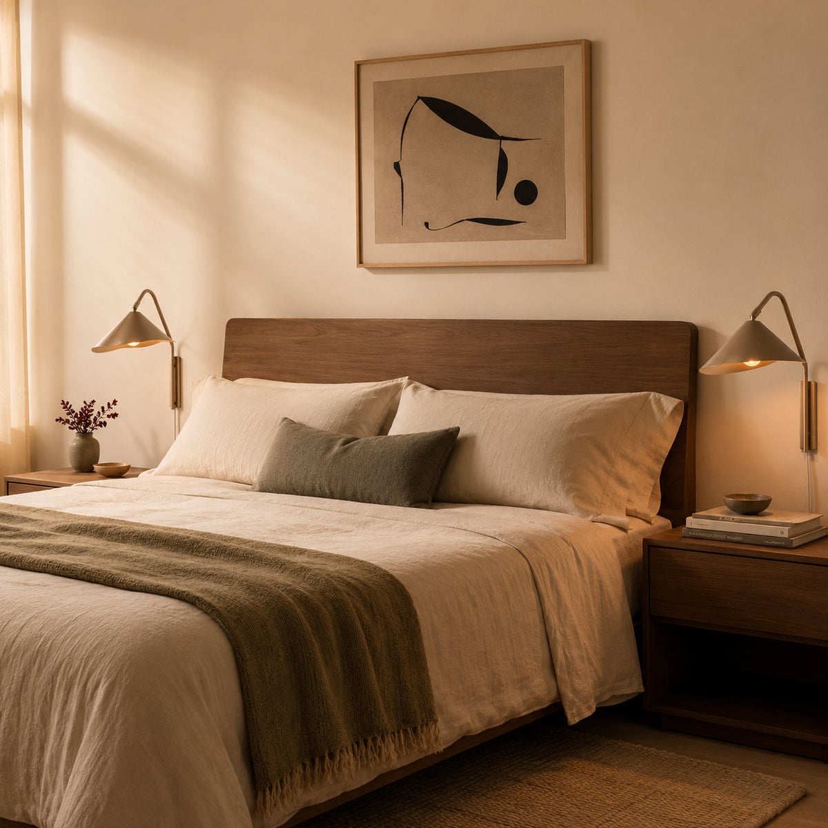 Arne Industrial Minimalist Brushed Aluminium Wall Light, styled above a table