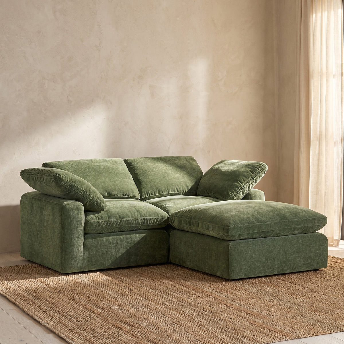 Aspen 3-Seat Modular Sectional in Sagano Green, cushion and fabric texture close up
