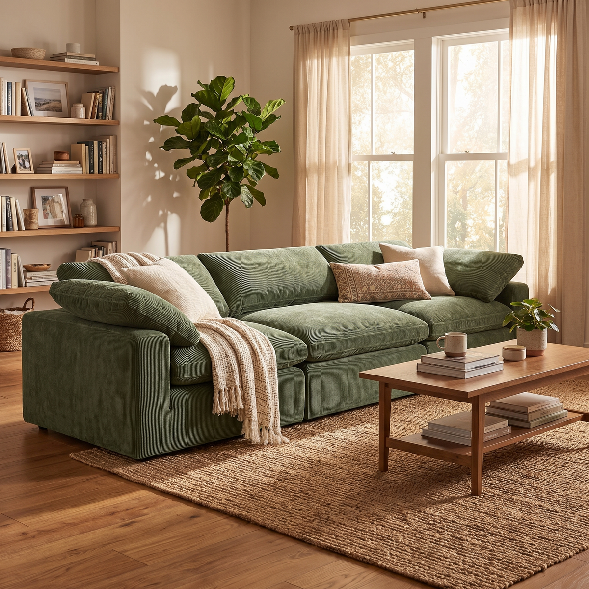 Aspen 3-Seat Modular Sofa in Sagano Green, styled in a room setting
