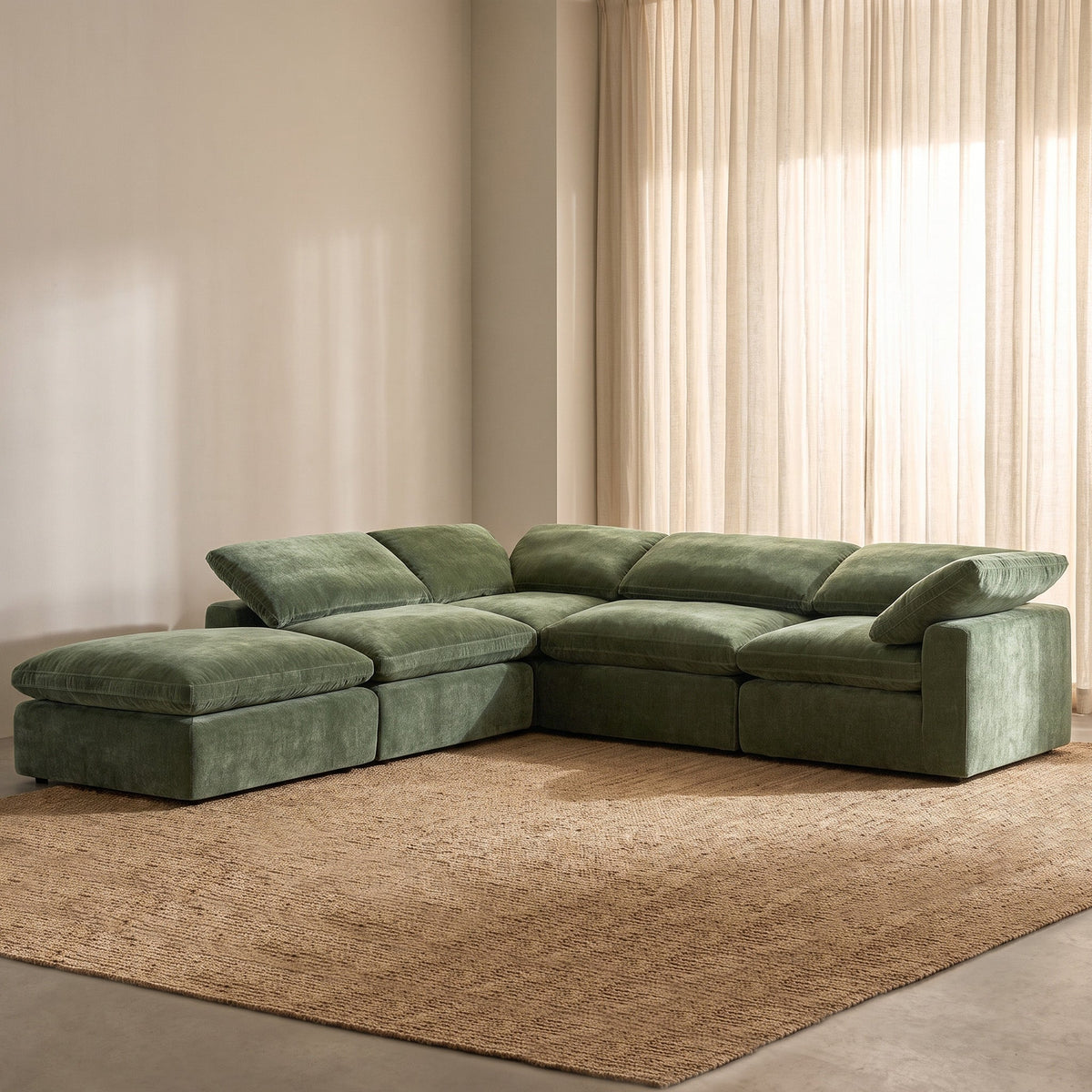 Aspen 5-Seat Modular Chaise Sectional in Sagano Green, cushion and fabric texture close up