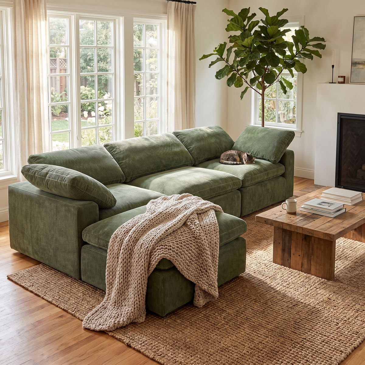 Aspen 5-Seat Modular Corner-Sectional in Sagano Green, styled in a room setting