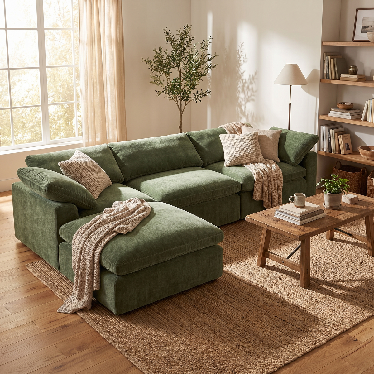 Aspen 5-Seat Modular L-Sectional in Sagano Green, second styled room view