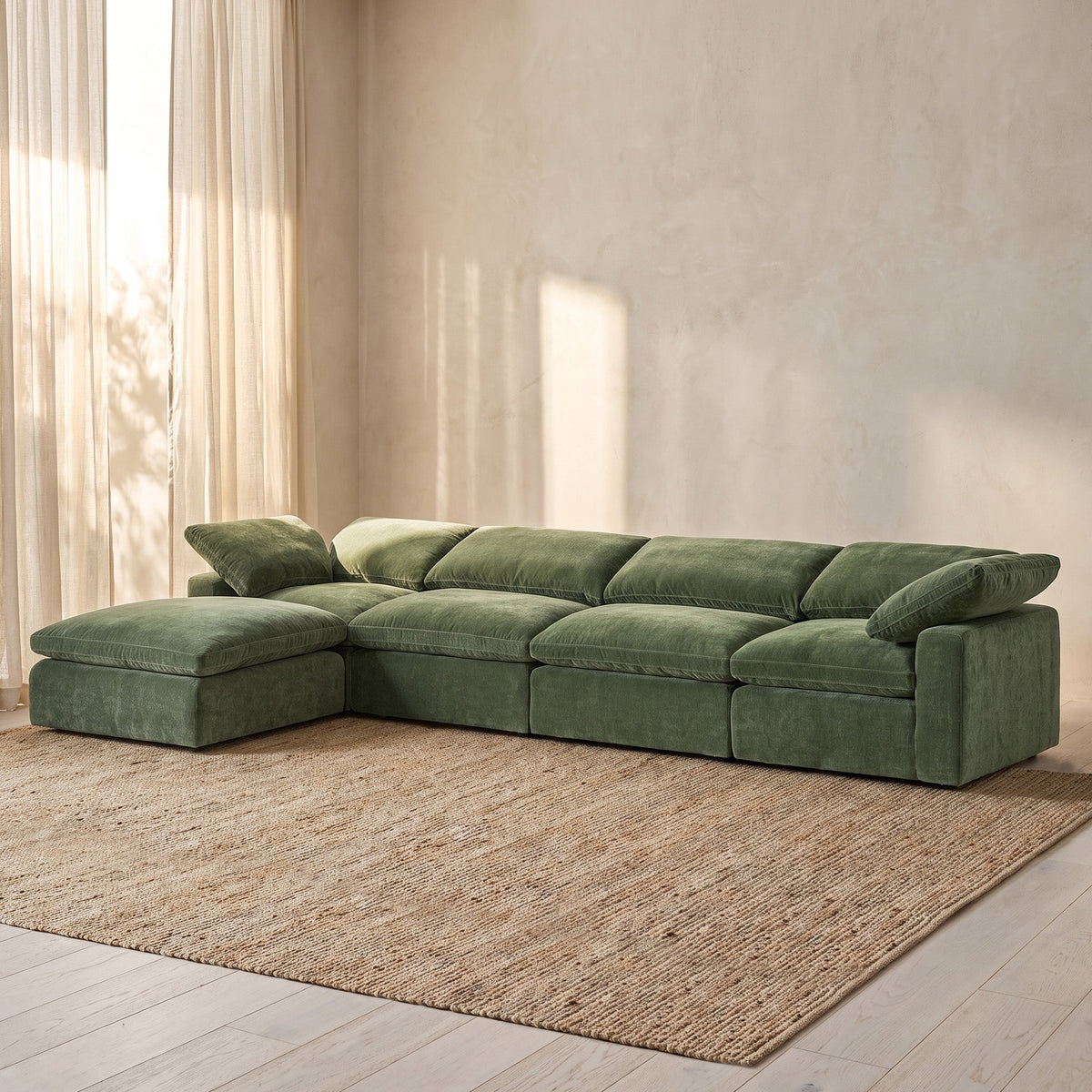 Aspen 5-Seat Modular L-Sectional in Sagano Green, cushion and fabric texture close up