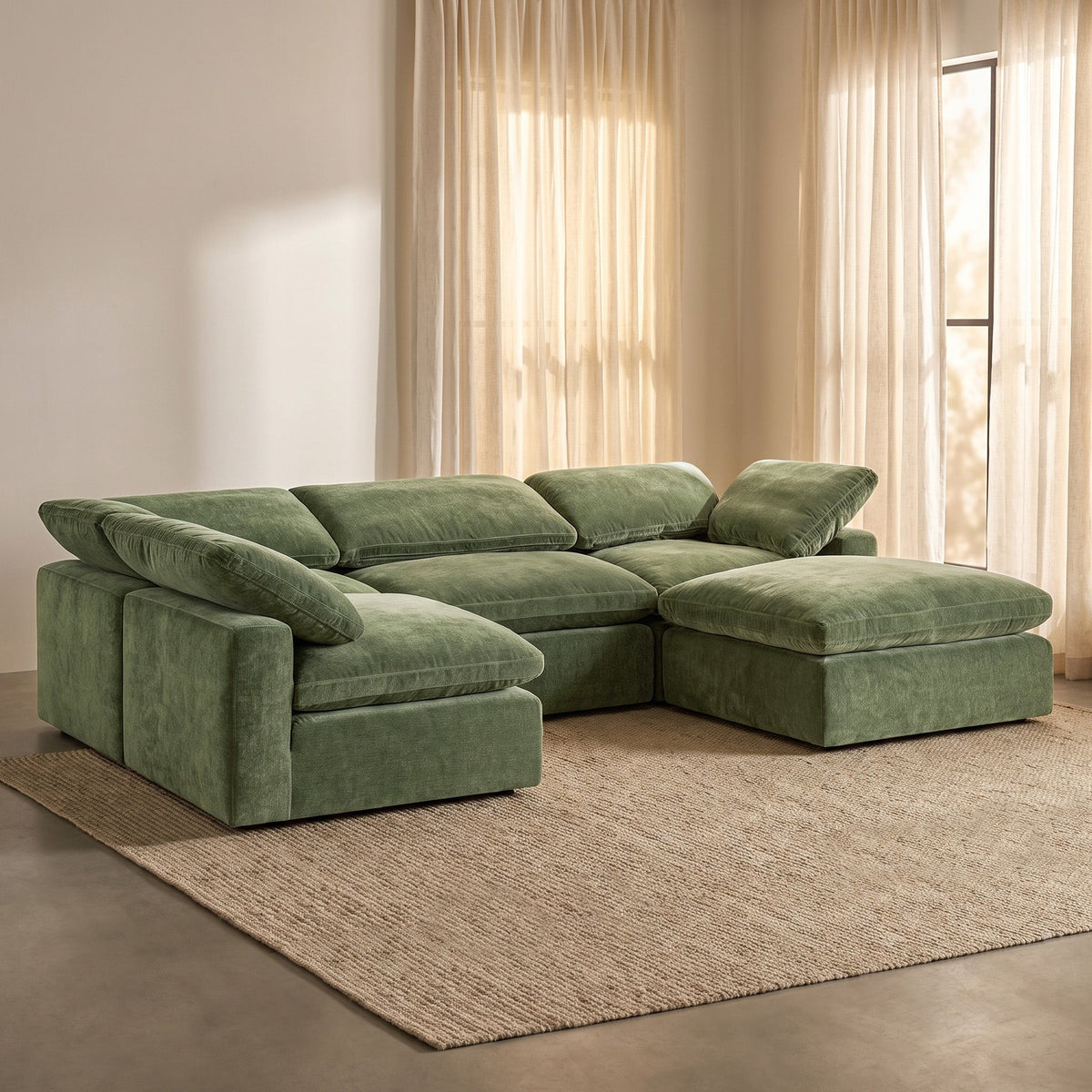 Aspen 5-Seat Pine U-Sectional, Sagano Green, cushion and fabric texture close up