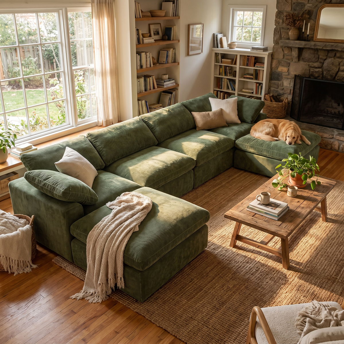 Aspen 6-Seat Pine U-Sectional, Sagano Green, third styled room view