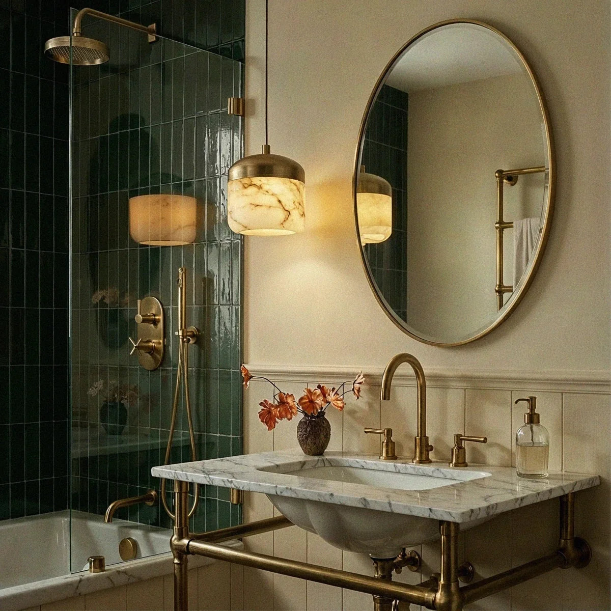 Asta Alabaster Pendant Light, shown in scale within a hallway