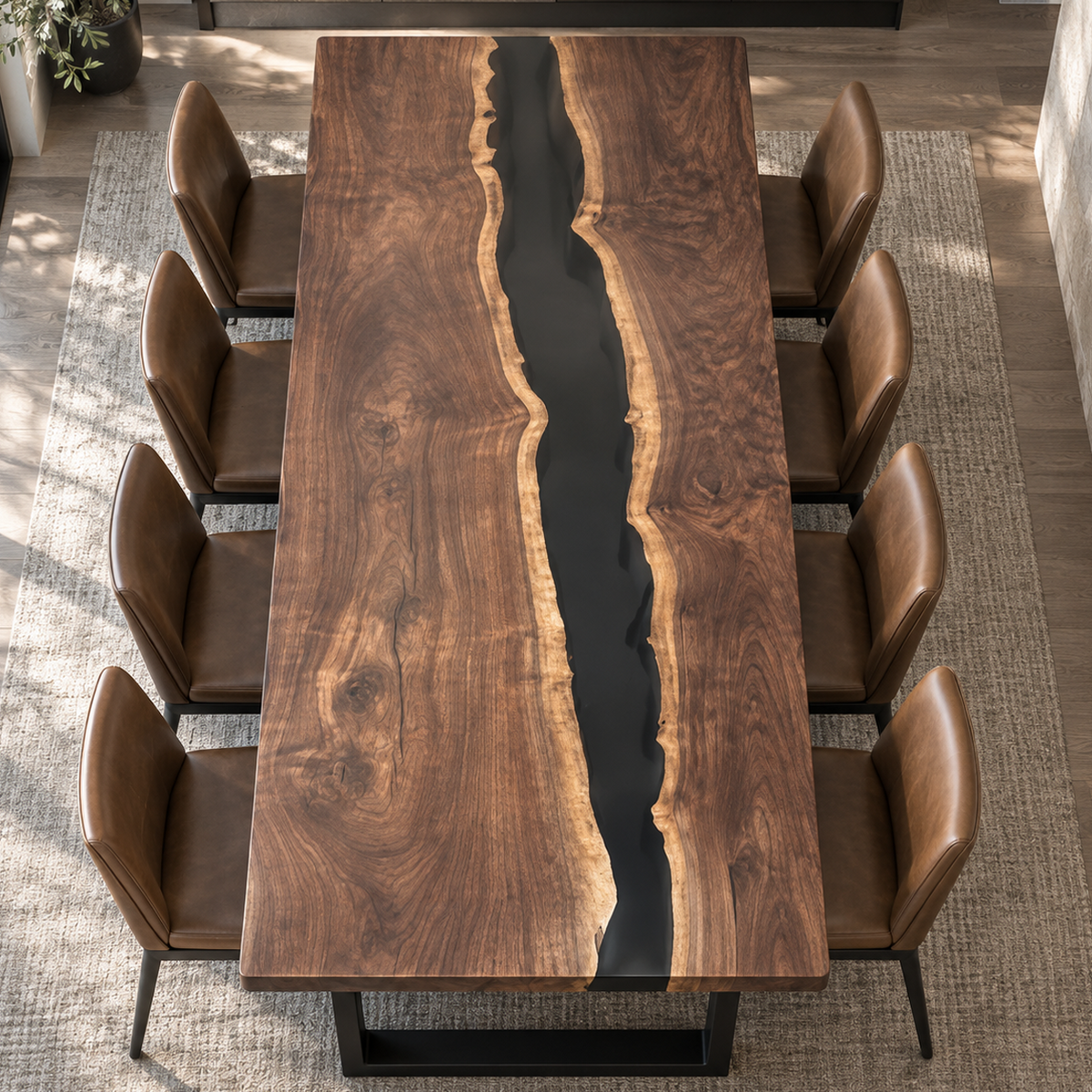 Black Walnut Black Epoxy Dining Table, leg and base detail