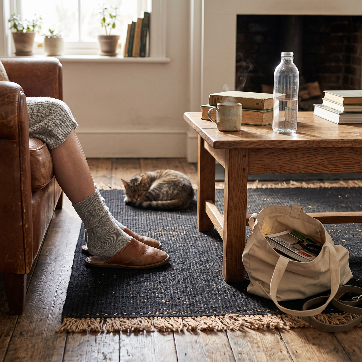 Block Jute Mat, Black/Natural, styled in a room setting