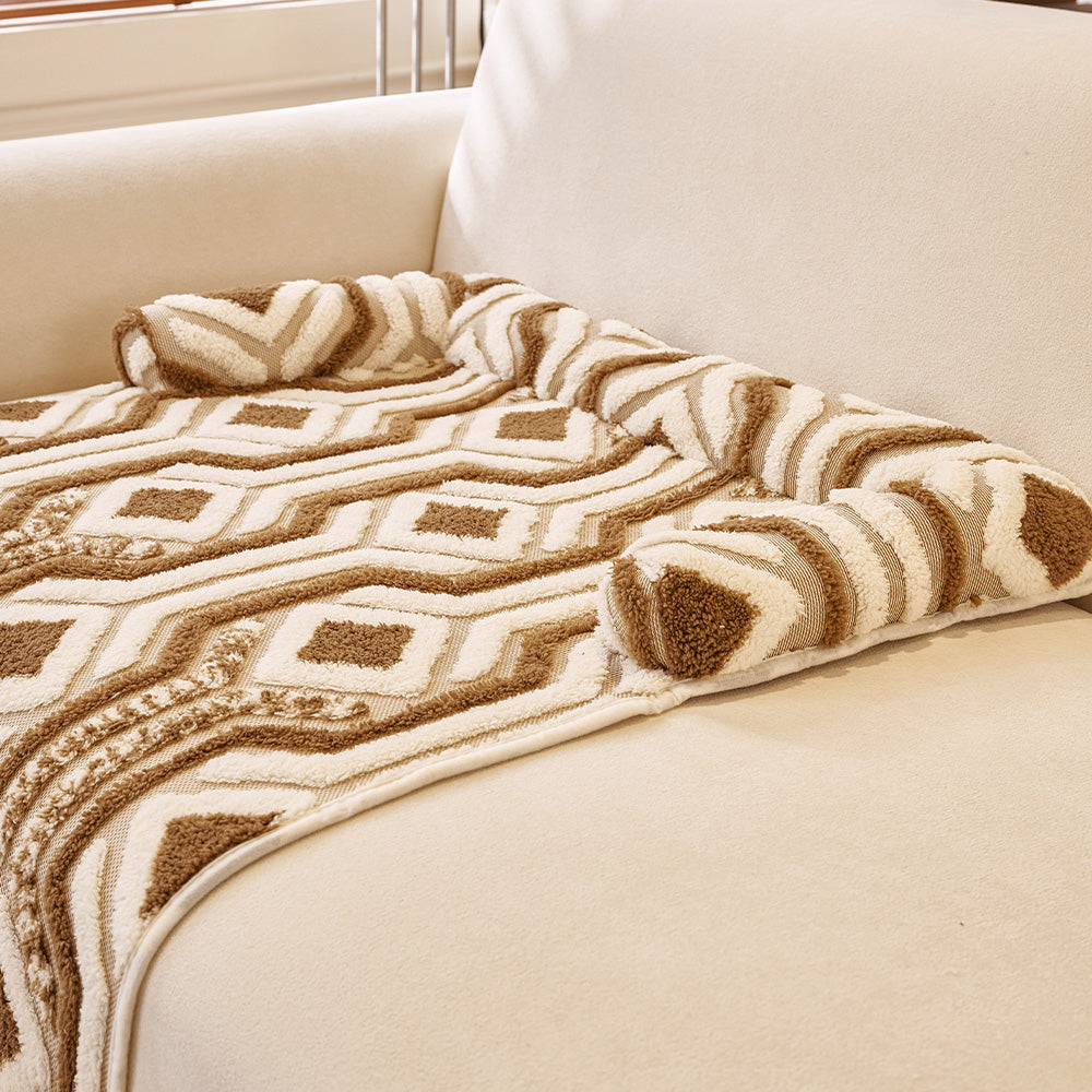 Boho Maze Plush Bolster Pet Sofa Bed, styled in a living room