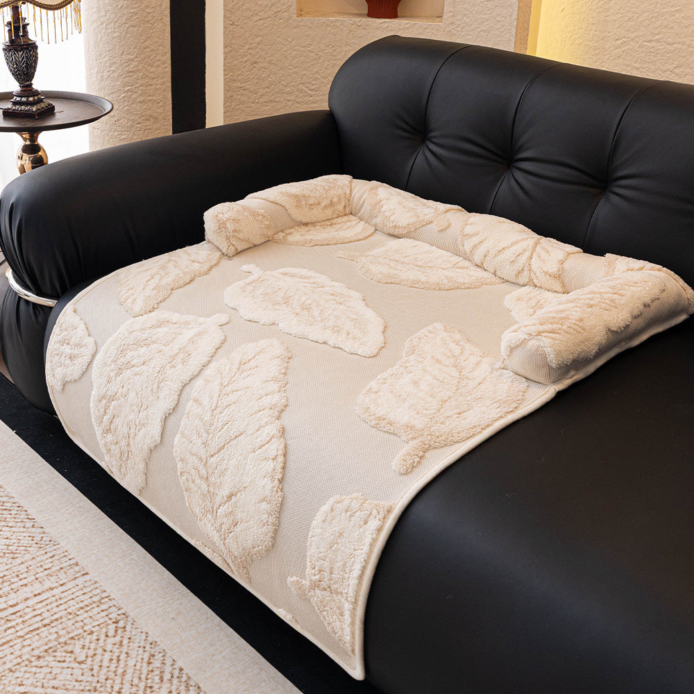 Botanical Leaf Plush Bolster Pet Sofa Bed, cream finish
