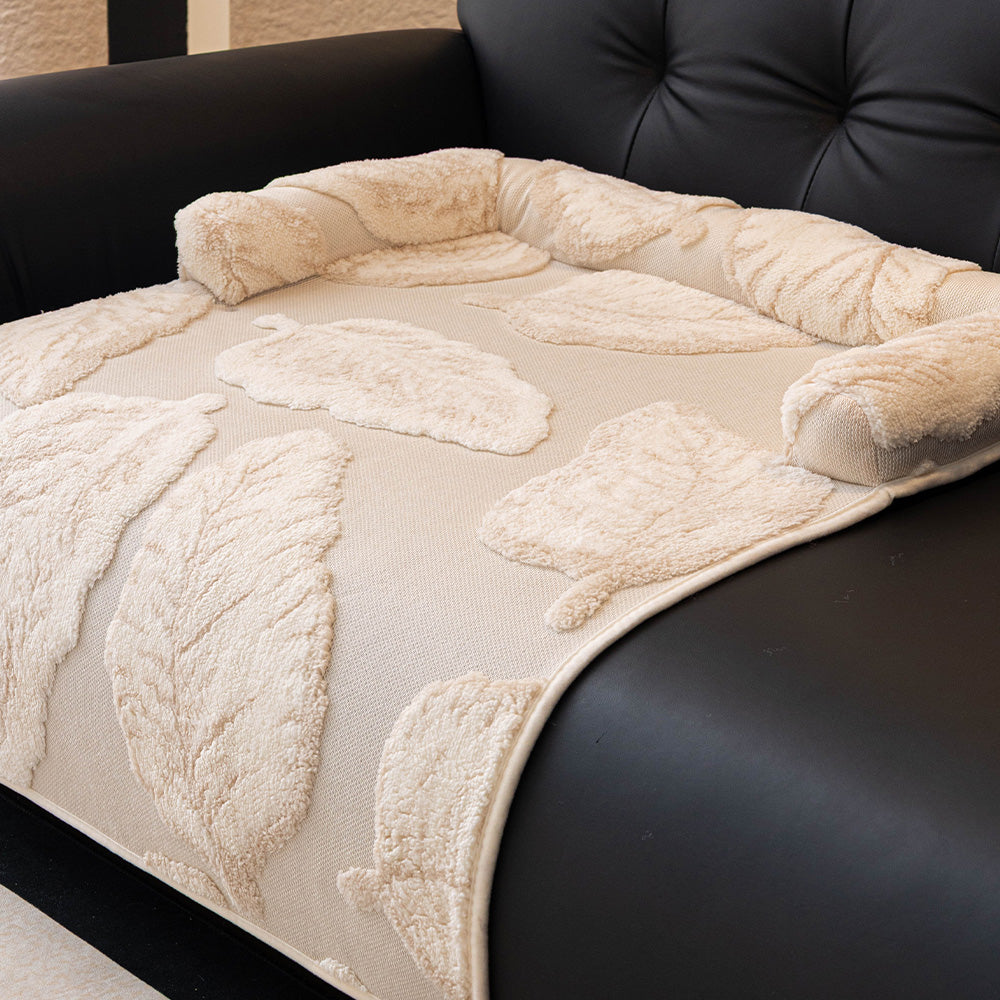 Botanical Leaf Plush Bolster Pet Sofa Bed, styled in a living room