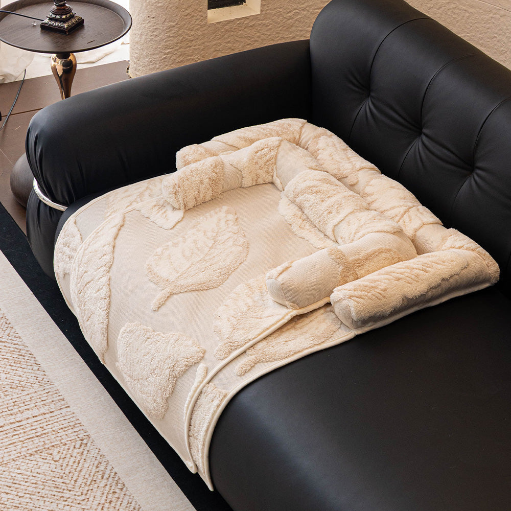Botanical Leaf Plush Bolster Pet Sofa Bed, plush surface texture close up