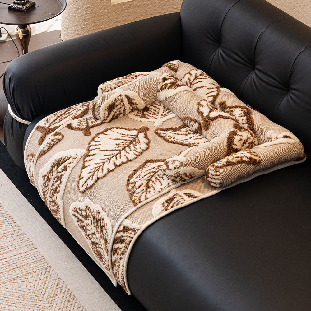 Botanical Leaf Plush Bolster Pet Sofa Bed, scale beside furniture