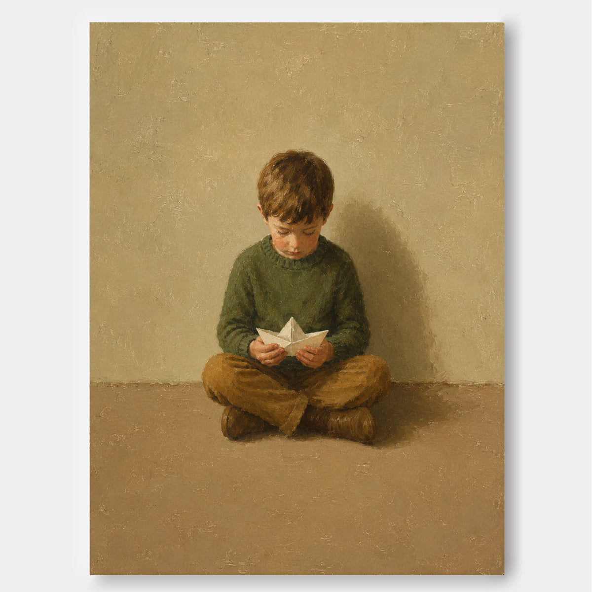 Boy in Green with Paper Boat Canvas Art, full print view