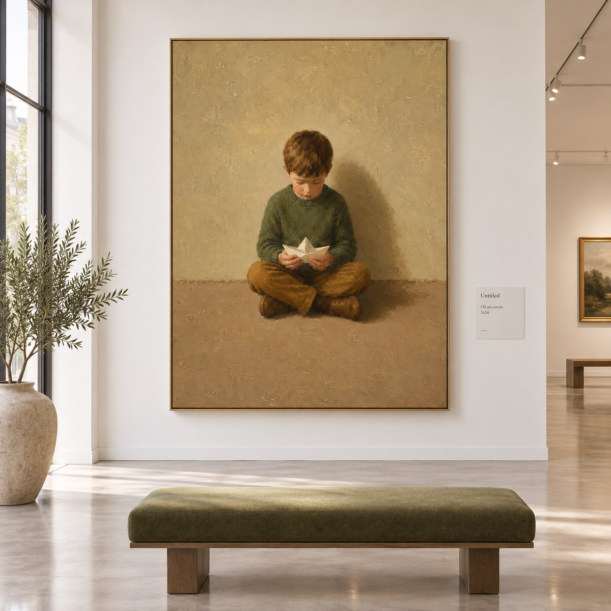 Boy in Green with Paper Boat Canvas Art, corner and edge detail