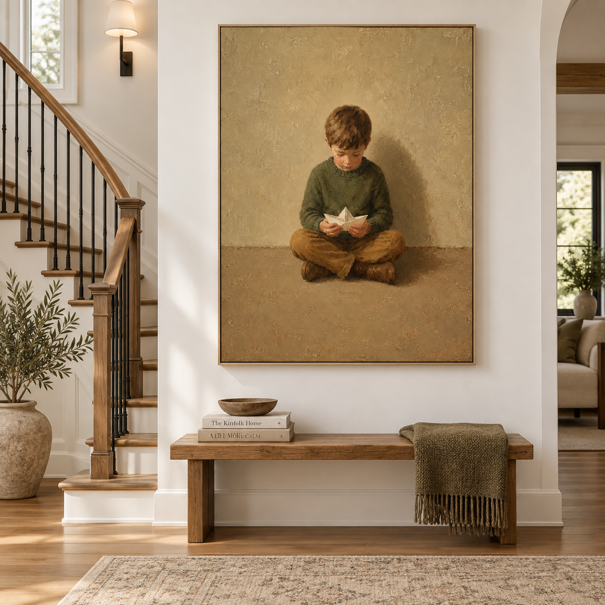 Boy in Green with Paper Boat Canvas Art, styled in a hallway