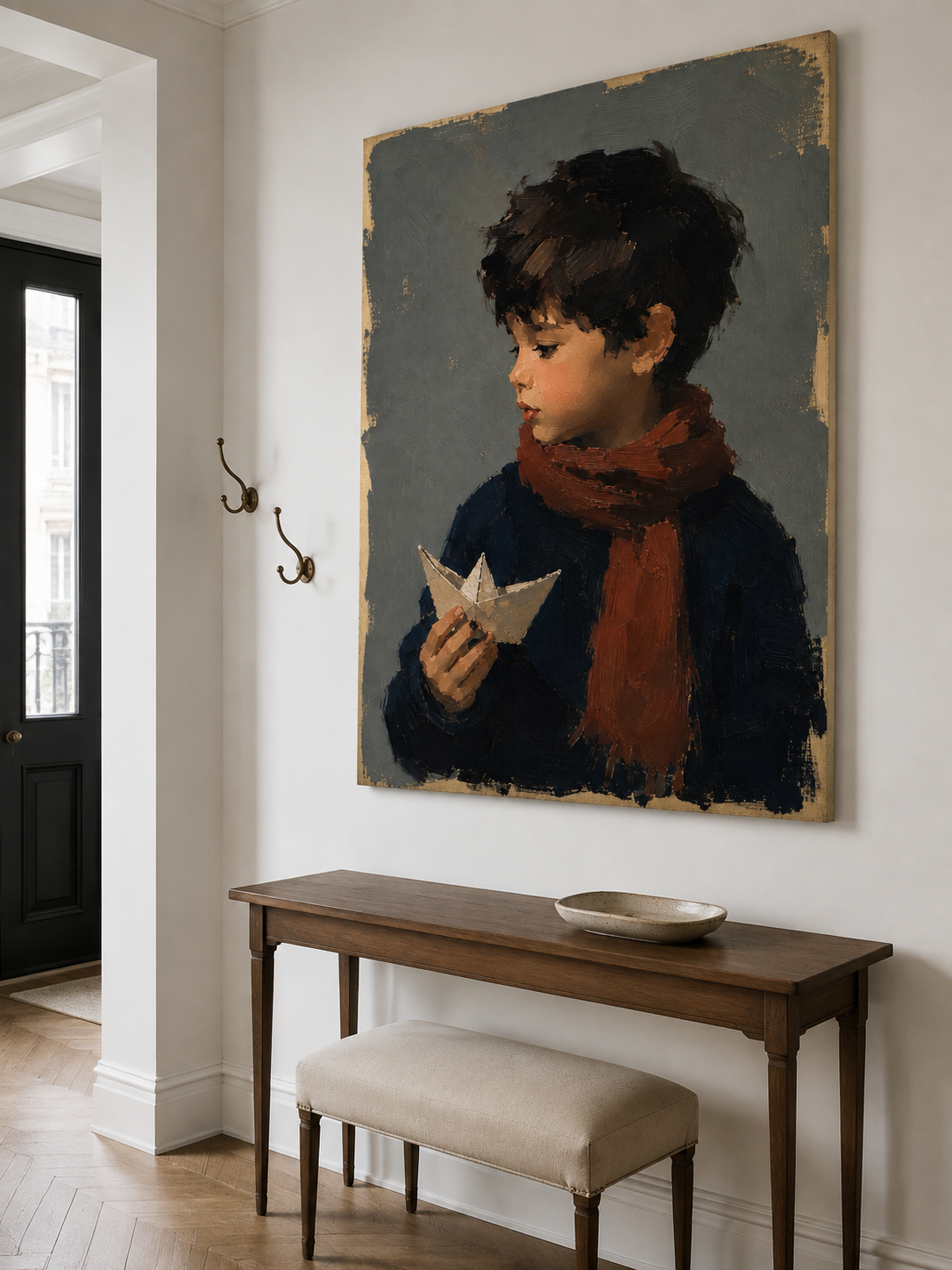 Boy with Paper Boat Canvas Art in Rust, framed and hung on a wall