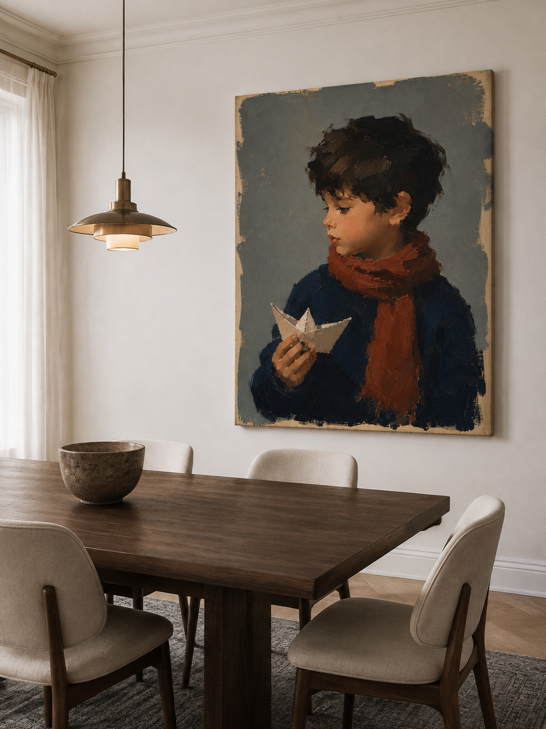 Boy with Paper Boat Canvas Art in Rust, brush and texture close up