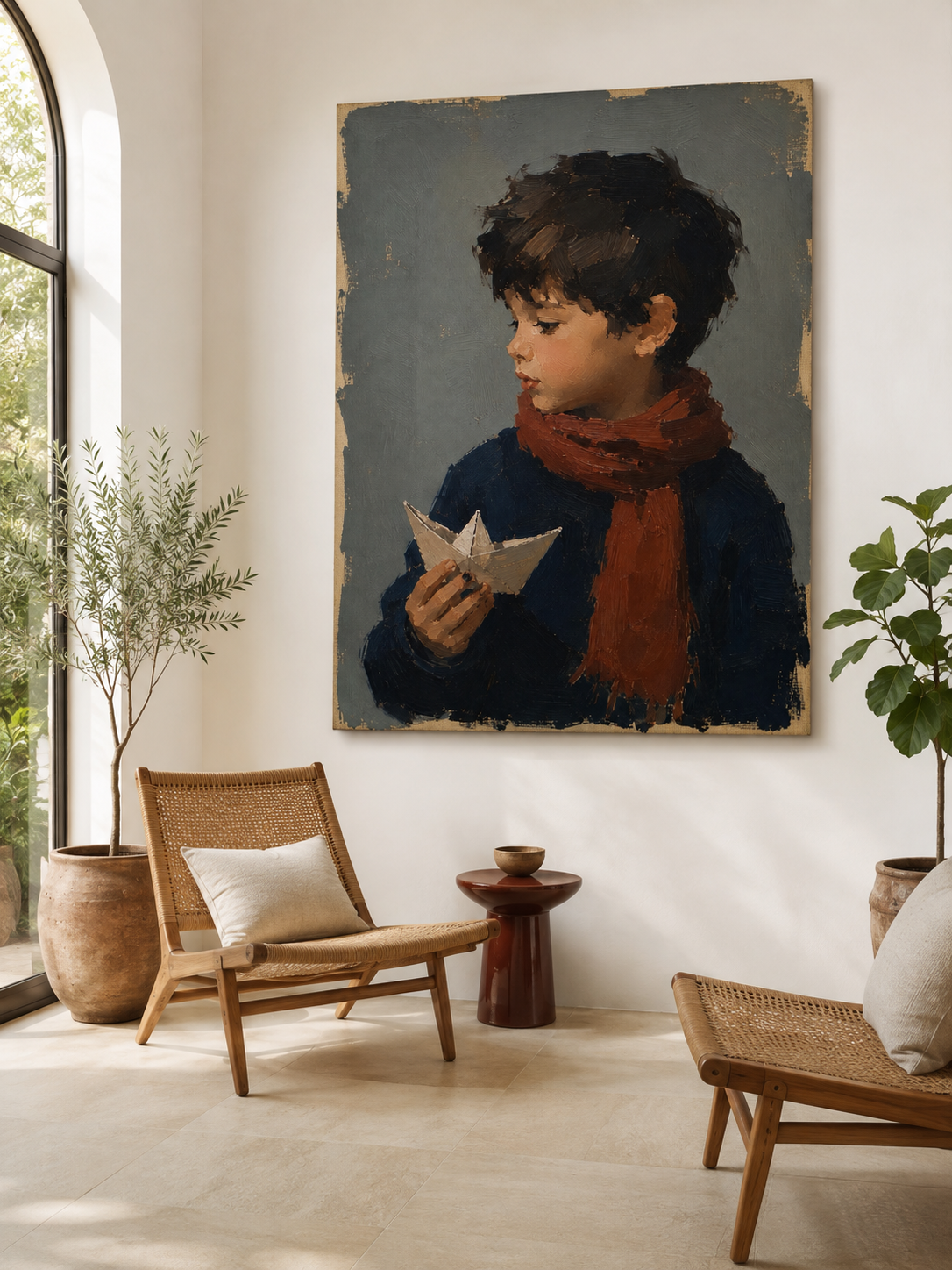 Boy with Paper Boat Canvas Art in Rust, styled above a sofa