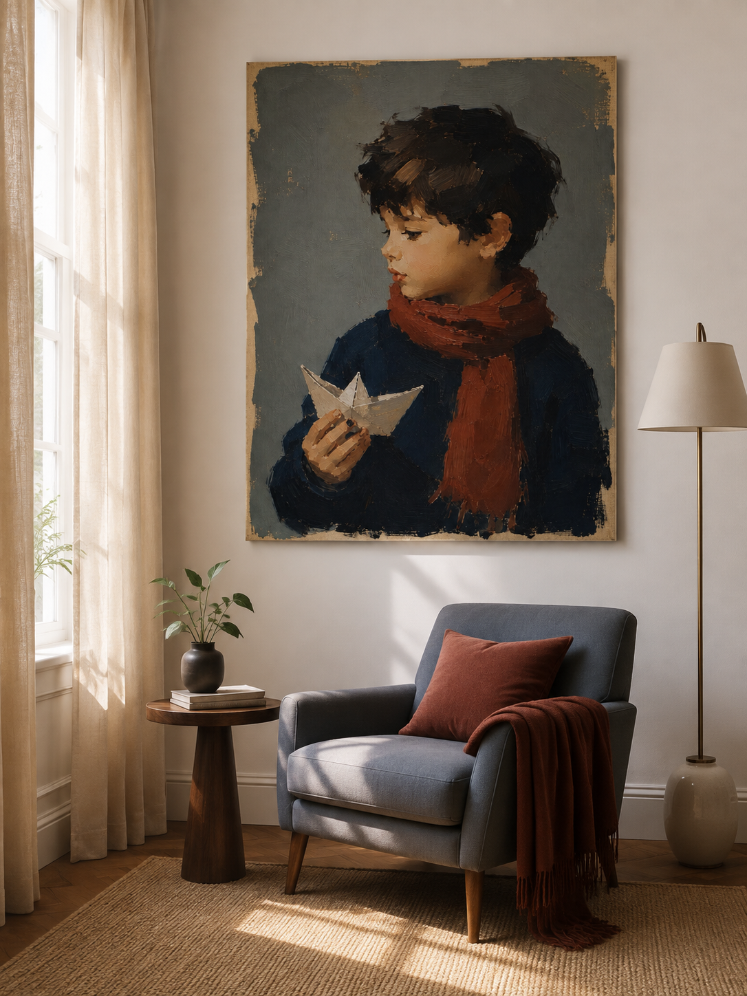Boy with Paper Boat Canvas Art in Rust, corner and edge detail