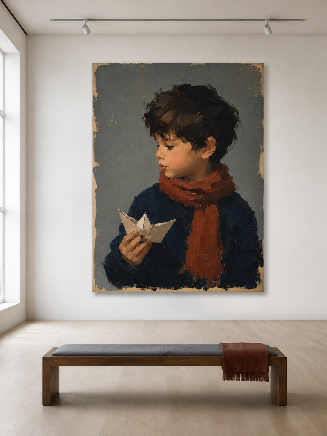 Boy with Paper Boat Canvas Art in Rust, scale in a living room