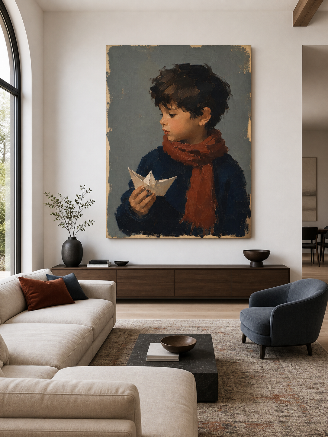 Boy with Paper Boat Canvas Art in Rust, styled in a hallway