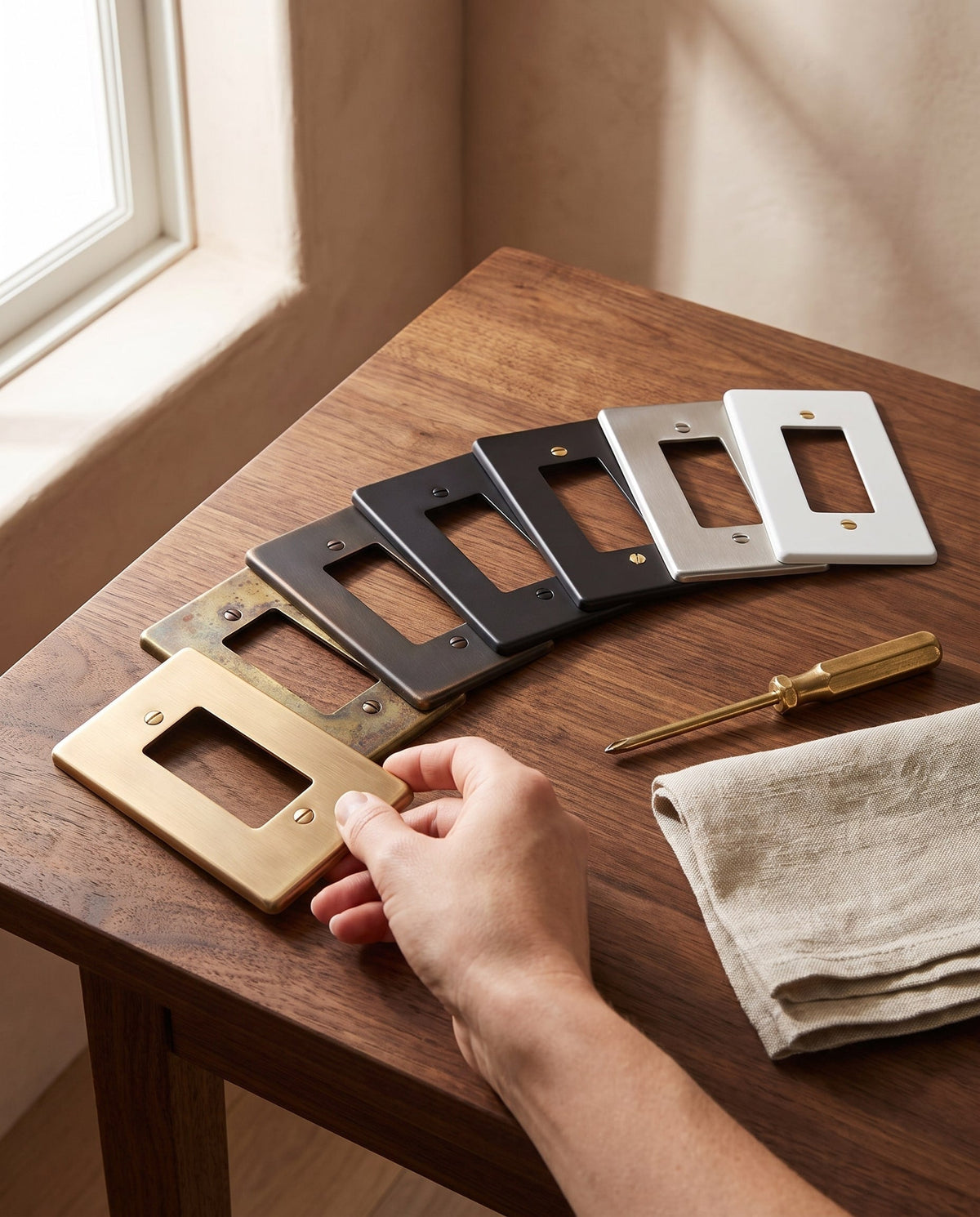 Brass Plate Sample Kit (7 Finishes), installed on the wall