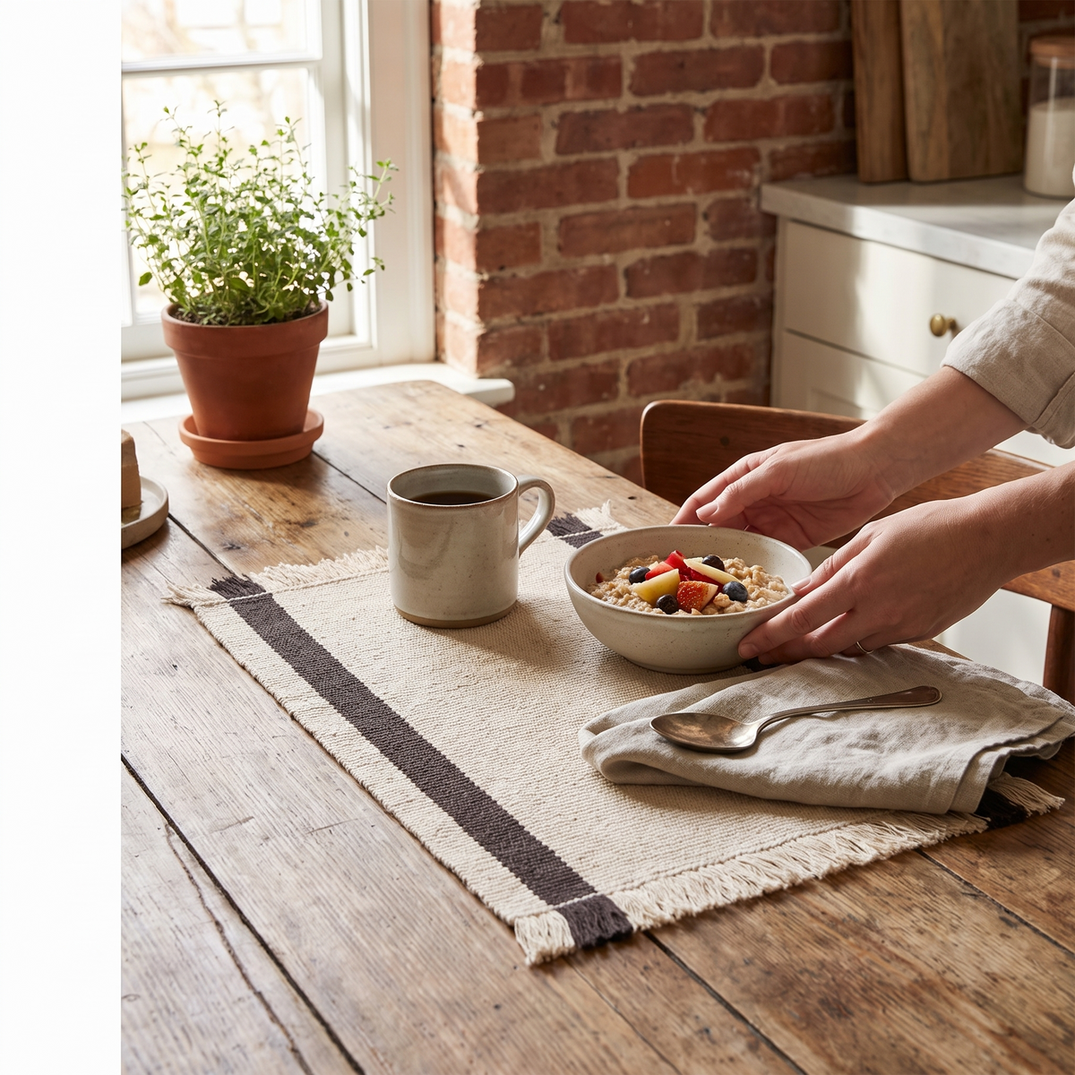 Calm Kelim Mat, Off-White/Coffee, styled in a room setting