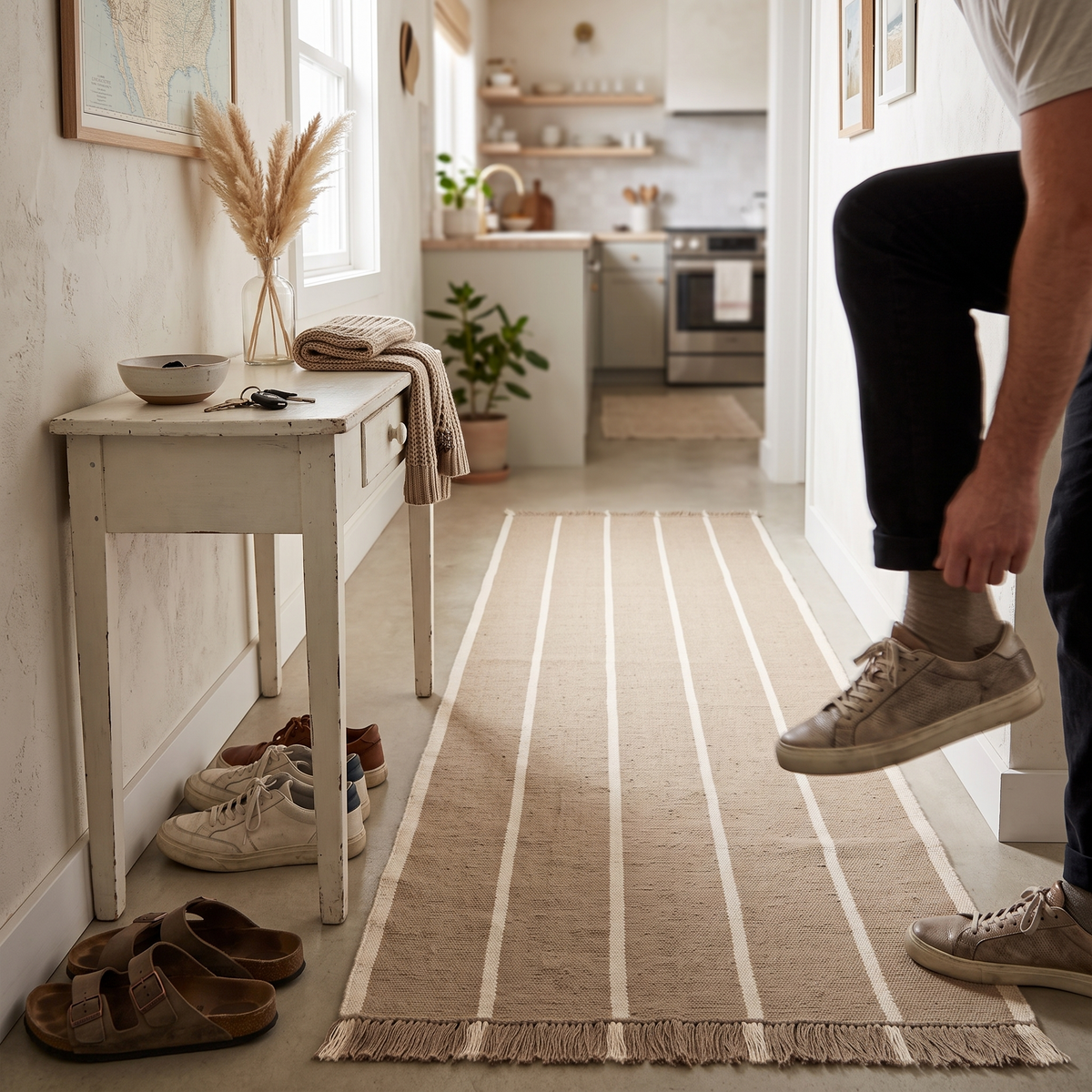 Calm Kelim Runner, Dark Sand/Off-White, styled in a room setting