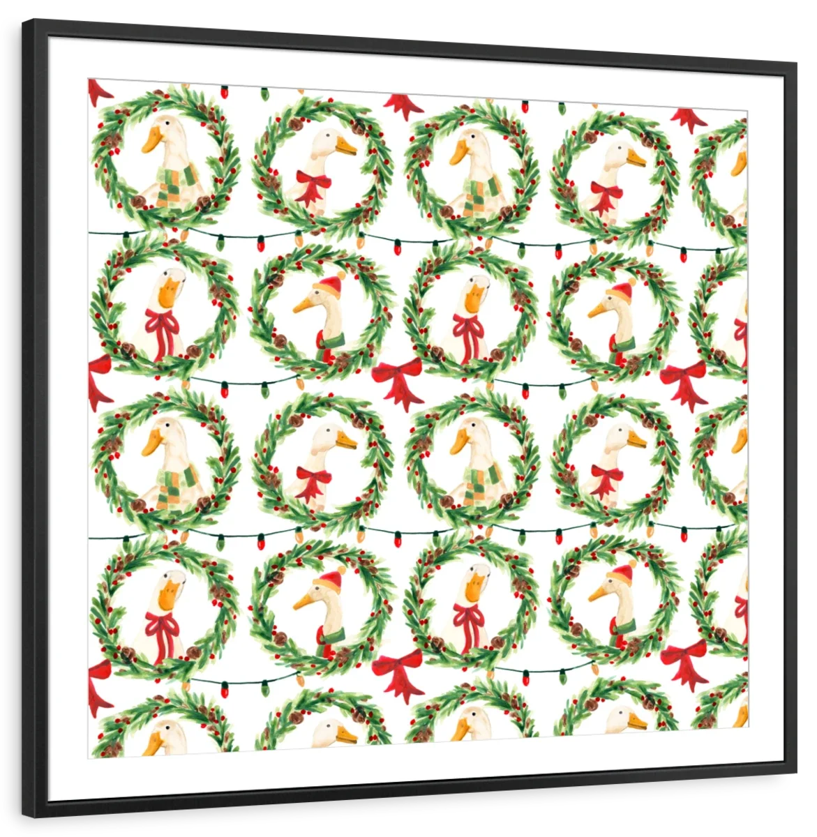 Christmas Geese in Holiday Wreaths Pattern Wall Art, corner and edge detail