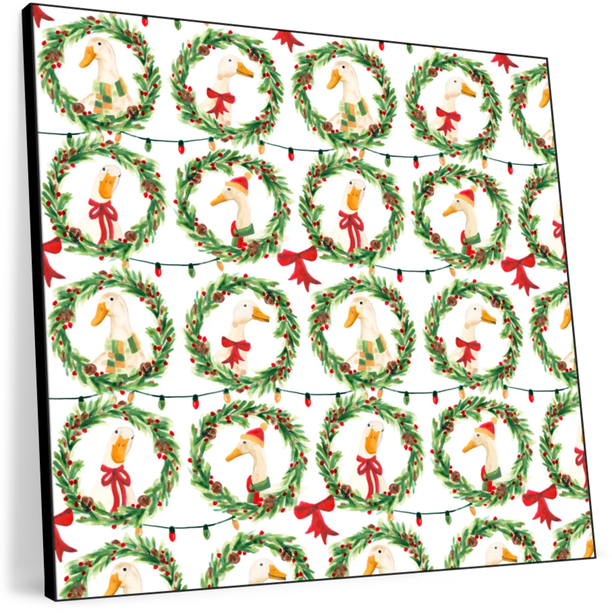Christmas Geese in Holiday Wreaths Pattern Wall Art, scale in a living room