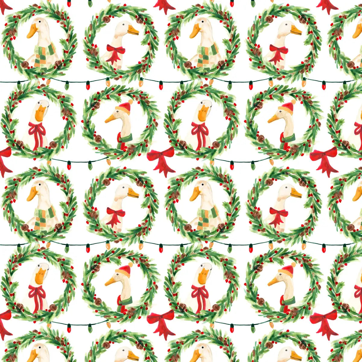 Christmas Geese in Holiday Wreaths Pattern Wall Art, styled in a hallway