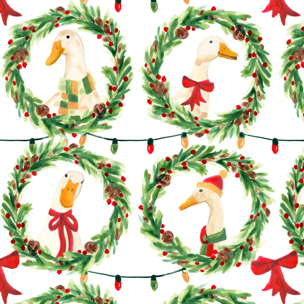 Christmas Geese in Holiday Wreaths Pattern Wall Art, colour and tone detail