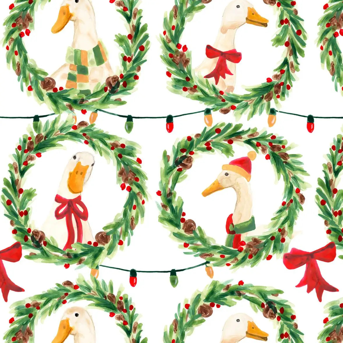 Christmas Geese in Holiday Wreaths Pattern Wall Art, hung above a console