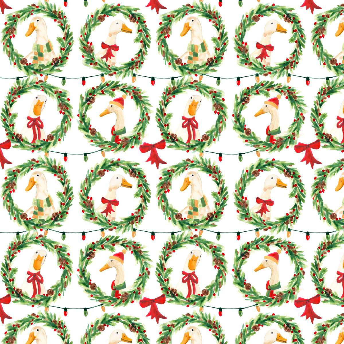 Christmas Geese in Holiday Wreaths Pattern Wall Art, framed and hung on a wall