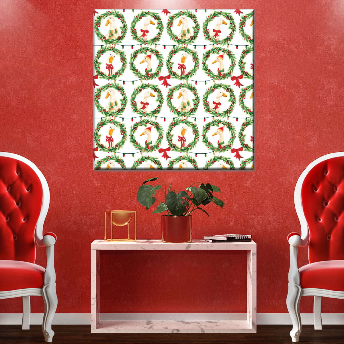 Christmas Geese in Holiday Wreaths Pattern Wall Art, styled in a living room