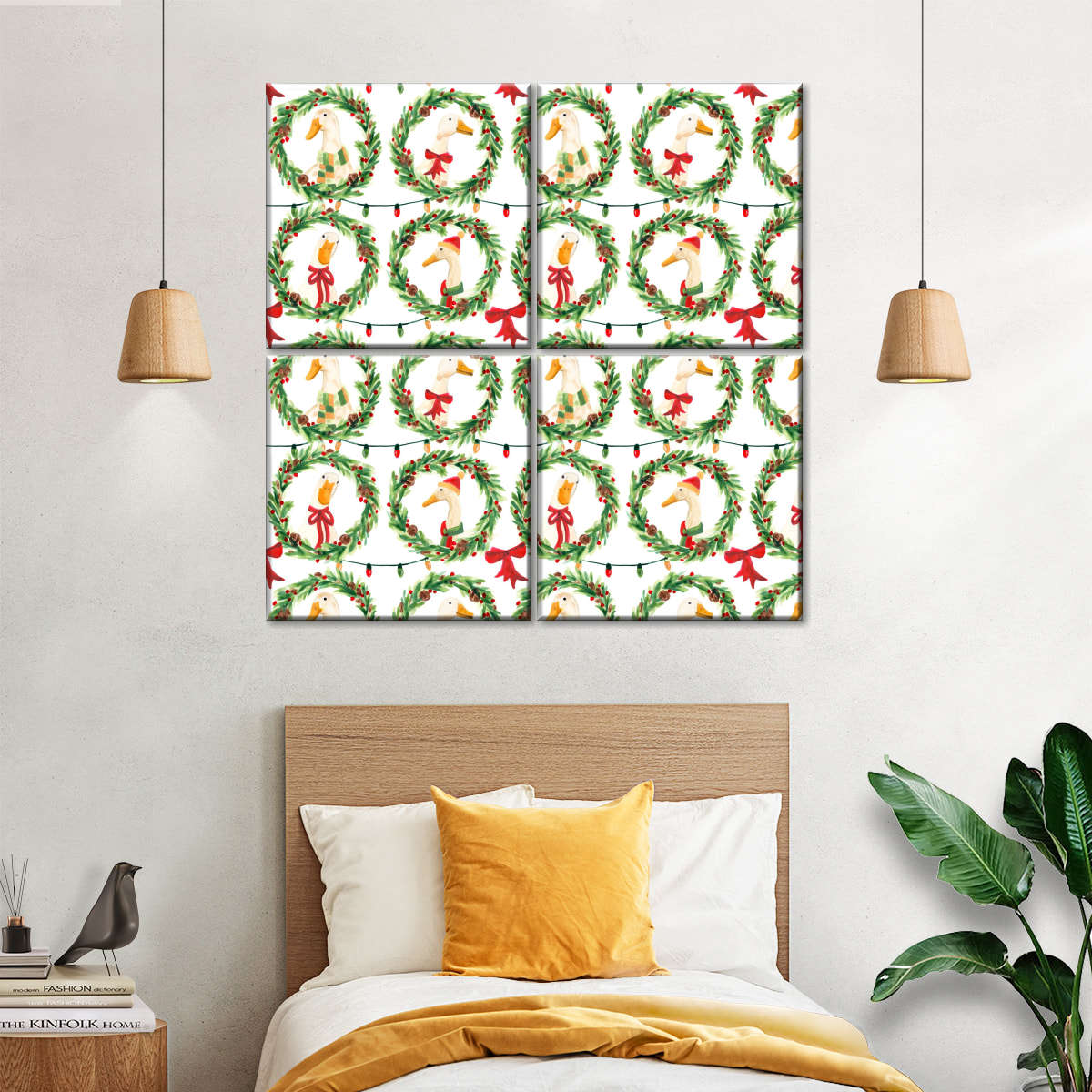 Christmas Geese in Holiday Wreaths Pattern Wall Art, styled in a bedroom