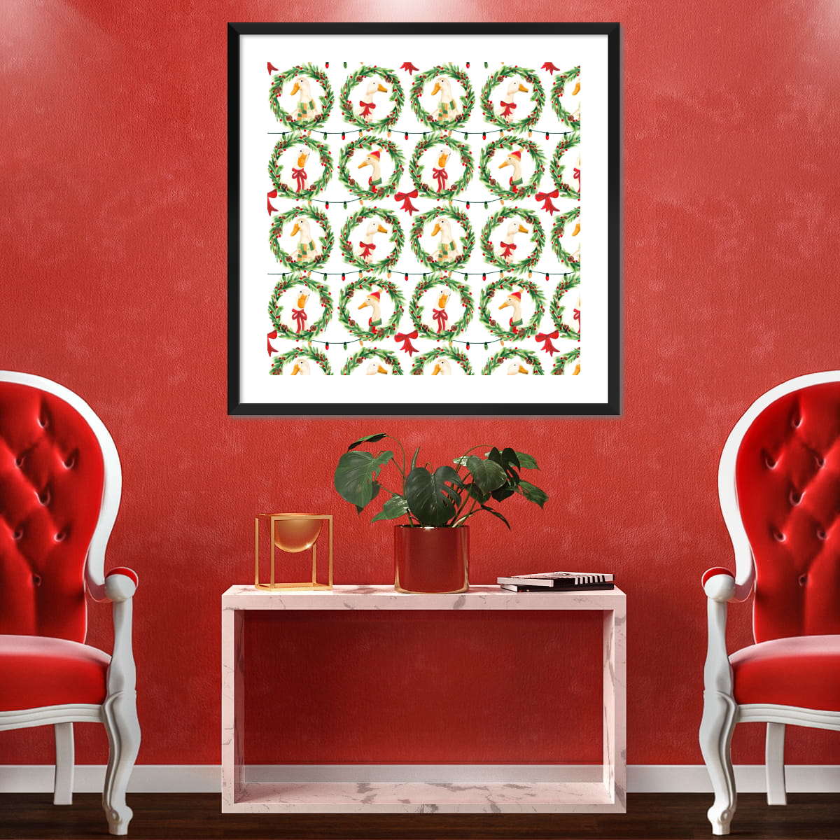 Christmas Geese in Holiday Wreaths Pattern Wall Art, styled above a sofa