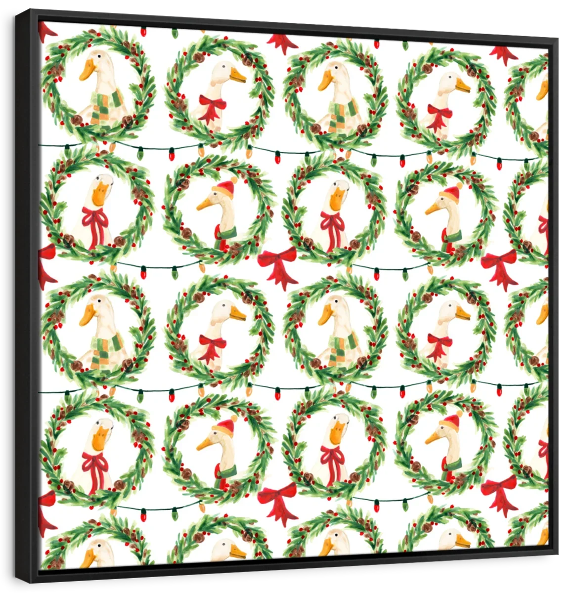 Christmas Geese in Holiday Wreaths Pattern Wall Art, floating frame view