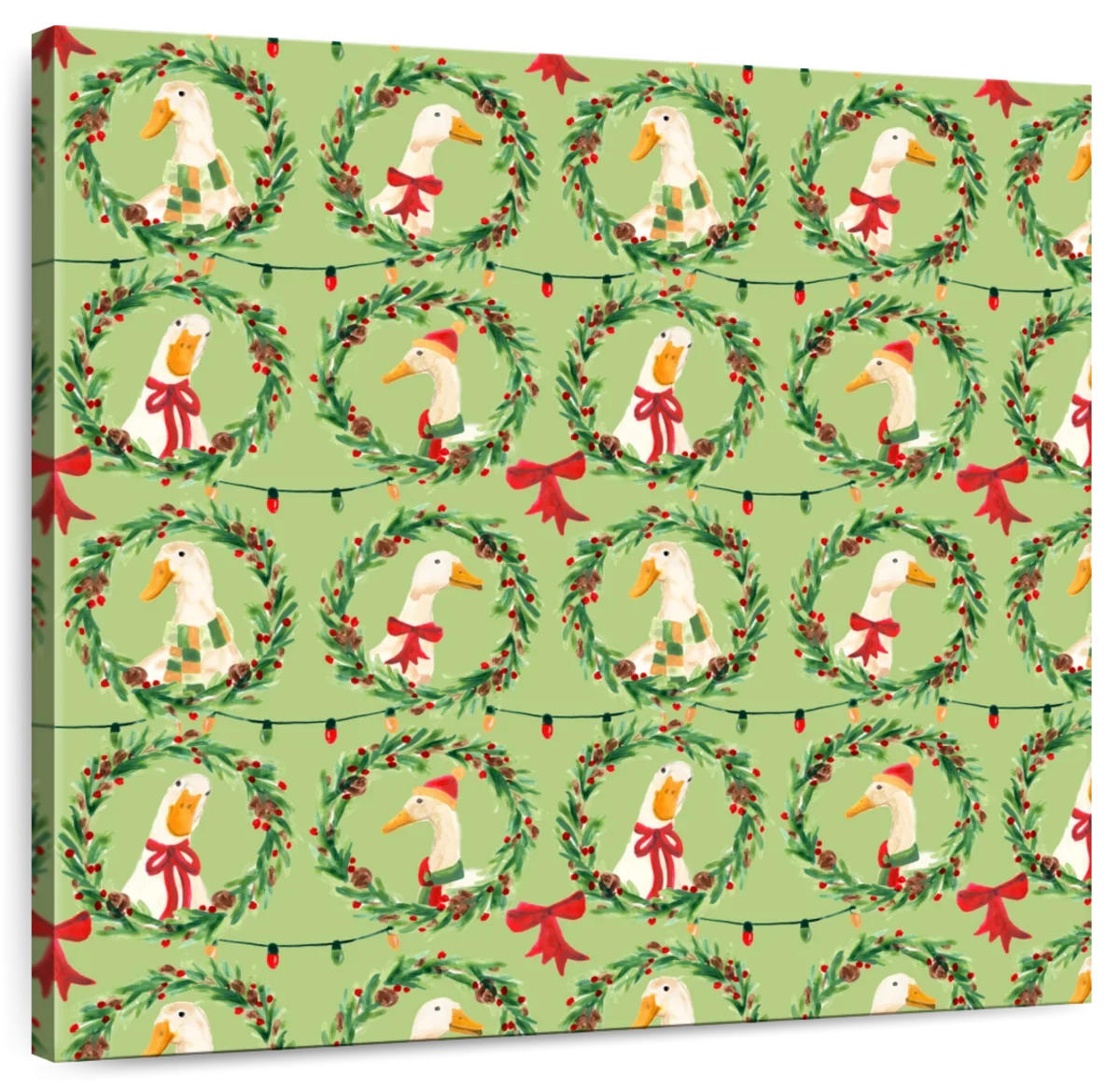 Christmas Geese Wreath Pattern on Green Wall Art, full print view