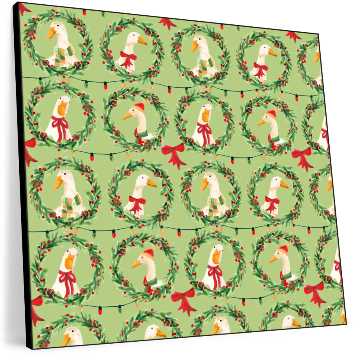 Christmas Geese Wreath Pattern on Green Wall Art, styled in a hallway